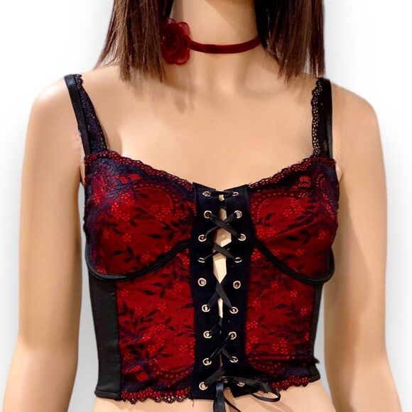 Wild Time Fashion Tops - Black Floral Lace Up Corset Bustier Crop Top NEW